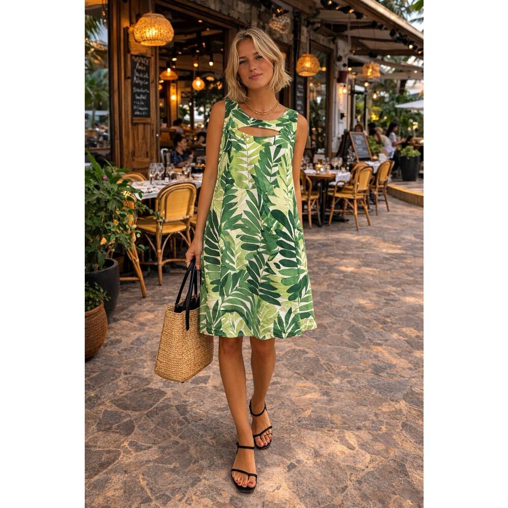 Julian Taylor Palm Beach Tropical Leaf Shift Dress Green Sleeveless Resort Sz 8